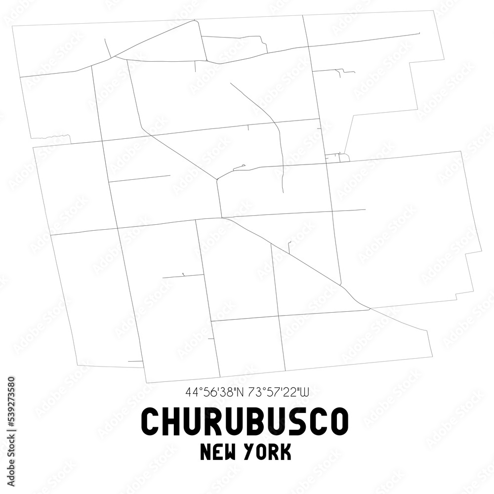 Churubusco New York. US street map with black and white lines.