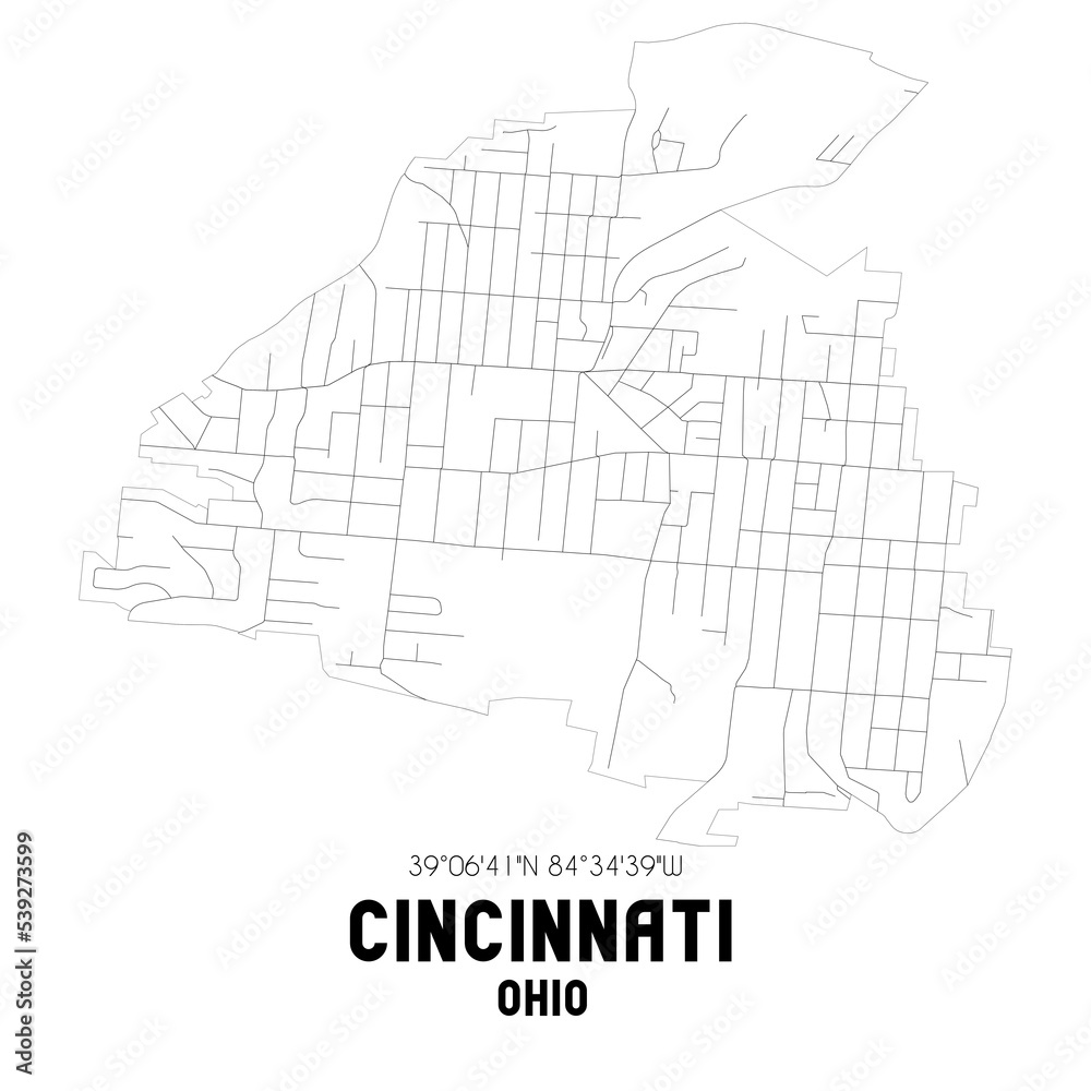 Cincinnati Ohio. US street map with black and white lines.