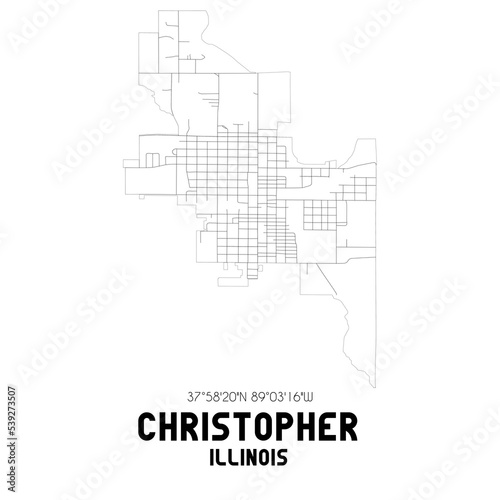 Christopher Illinois. US street map with black and white lines.