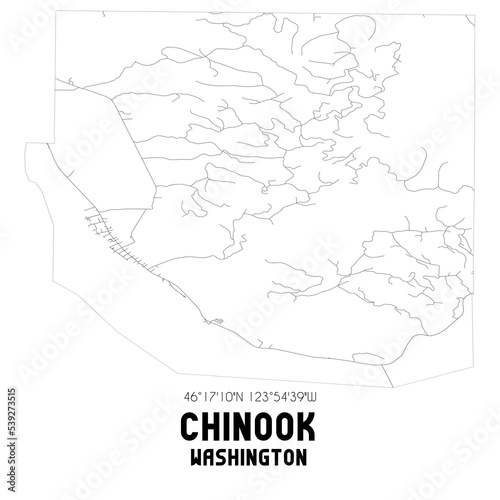 Chinook Washington. US street map with black and white lines.