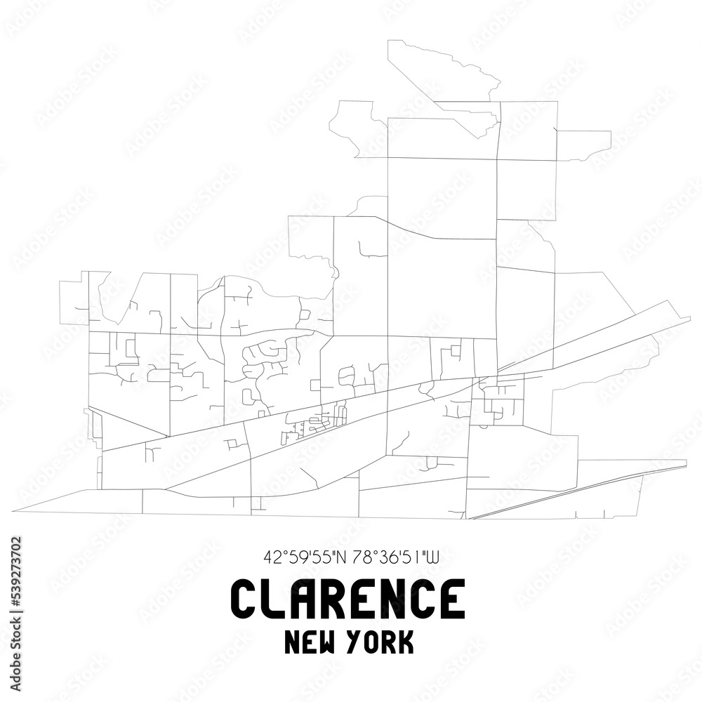 Clarence New York. US street map with black and white lines.