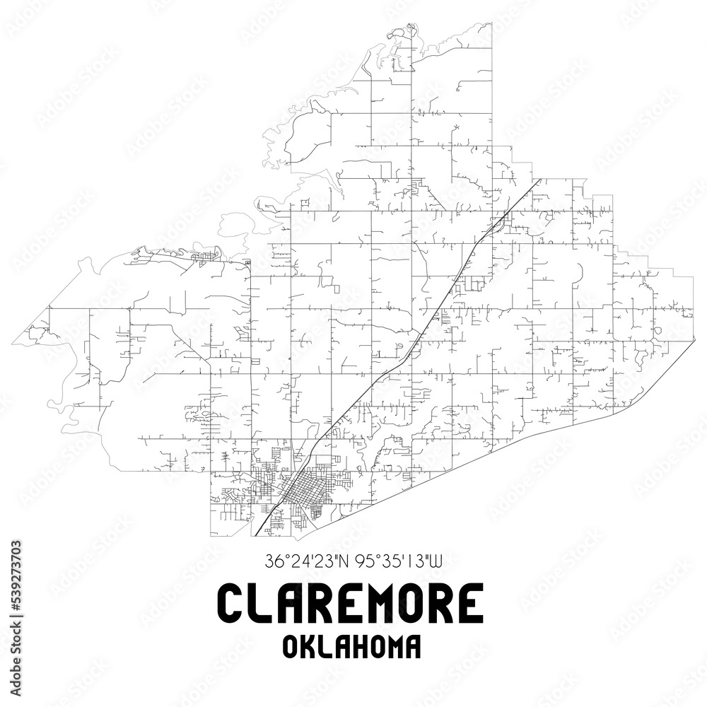 Claremore Oklahoma. US street map with black and white lines.