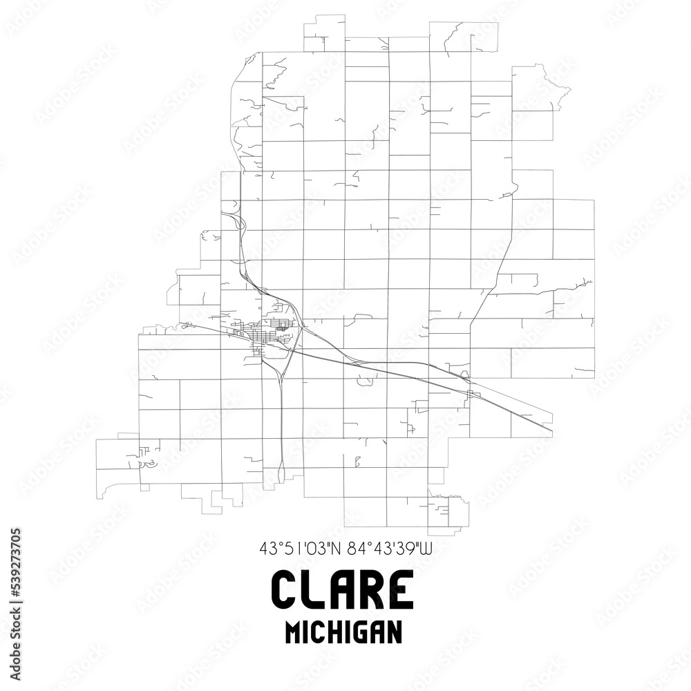 Clare Michigan. US street map with black and white lines.