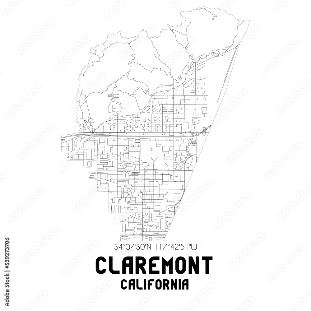 Claremont California. US street map with black and white lines.