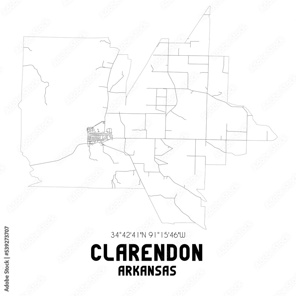Clarendon Arkansas. US street map with black and white lines.