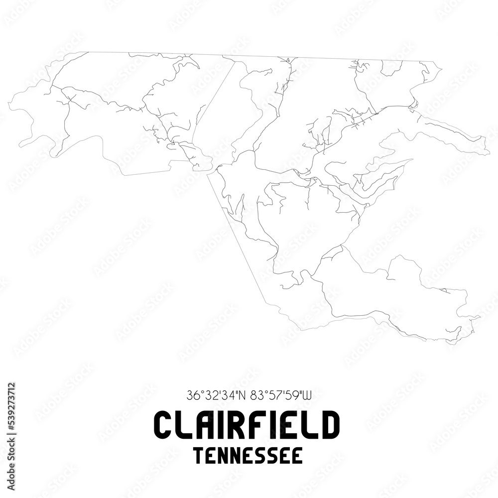 Clairfield Tennessee. US street map with black and white lines.