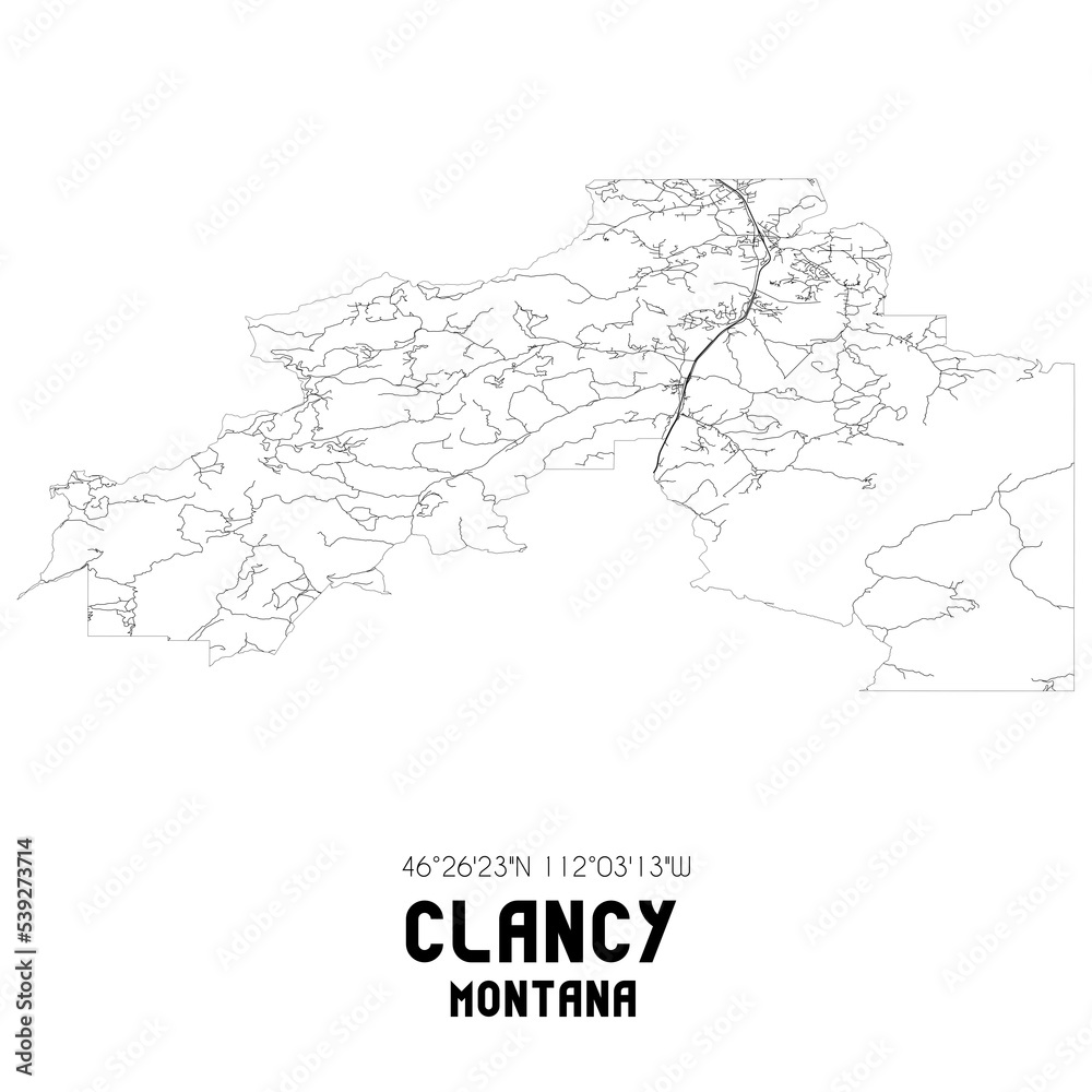 Clancy Montana. US street map with black and white lines.