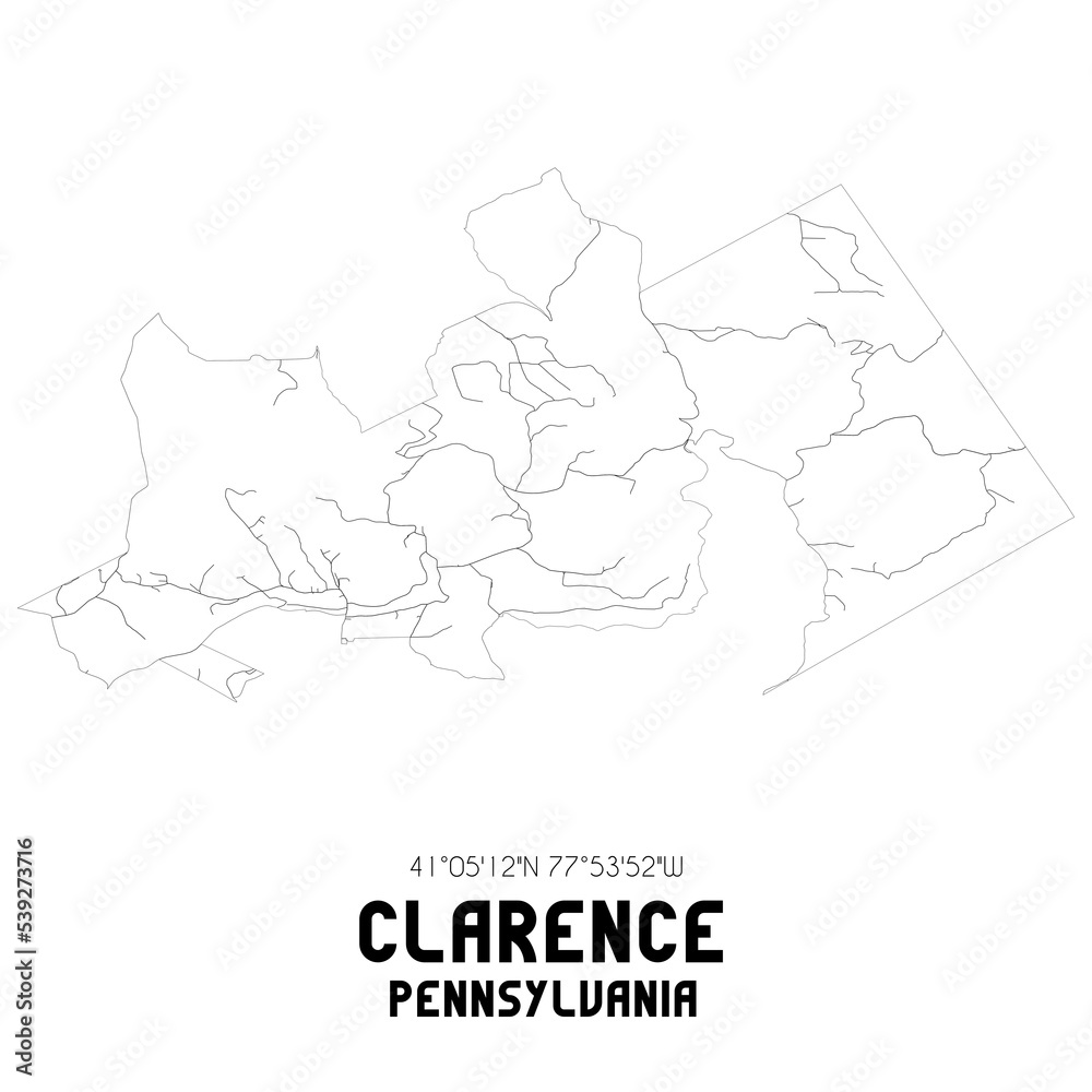 Clarence Pennsylvania. US street map with black and white lines.