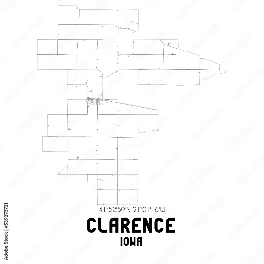 Clarence Iowa. US street map with black and white lines.