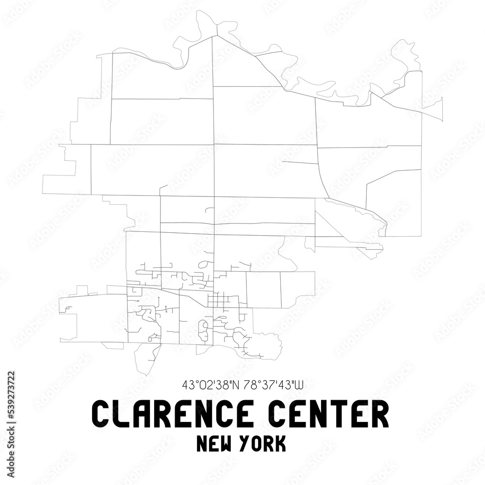 Clarence Center New York. US street map with black and white lines.