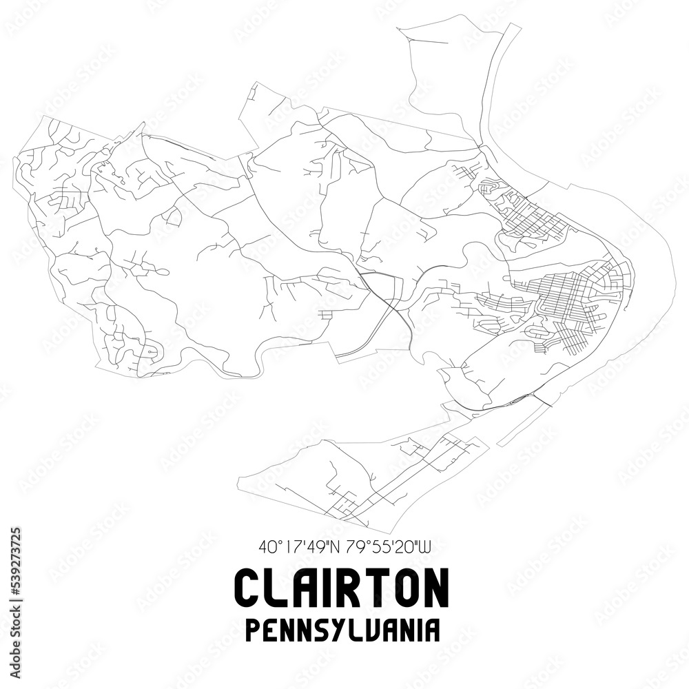 Clairton Pennsylvania. US street map with black and white lines.