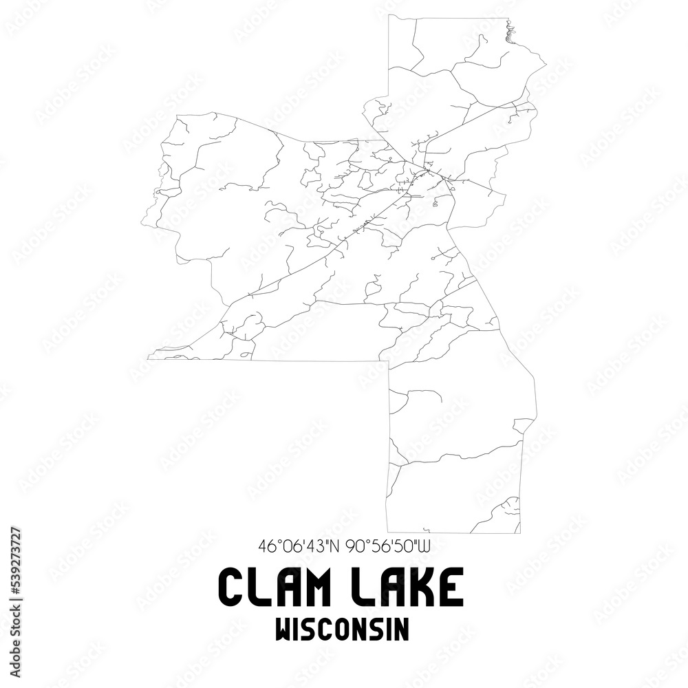 Clam Lake Wisconsin. US street map with black and white lines.