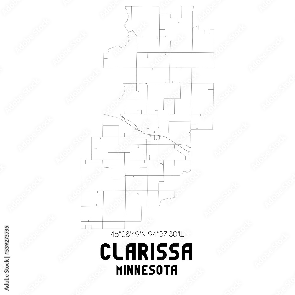 Clarissa Minnesota. US street map with black and white lines.