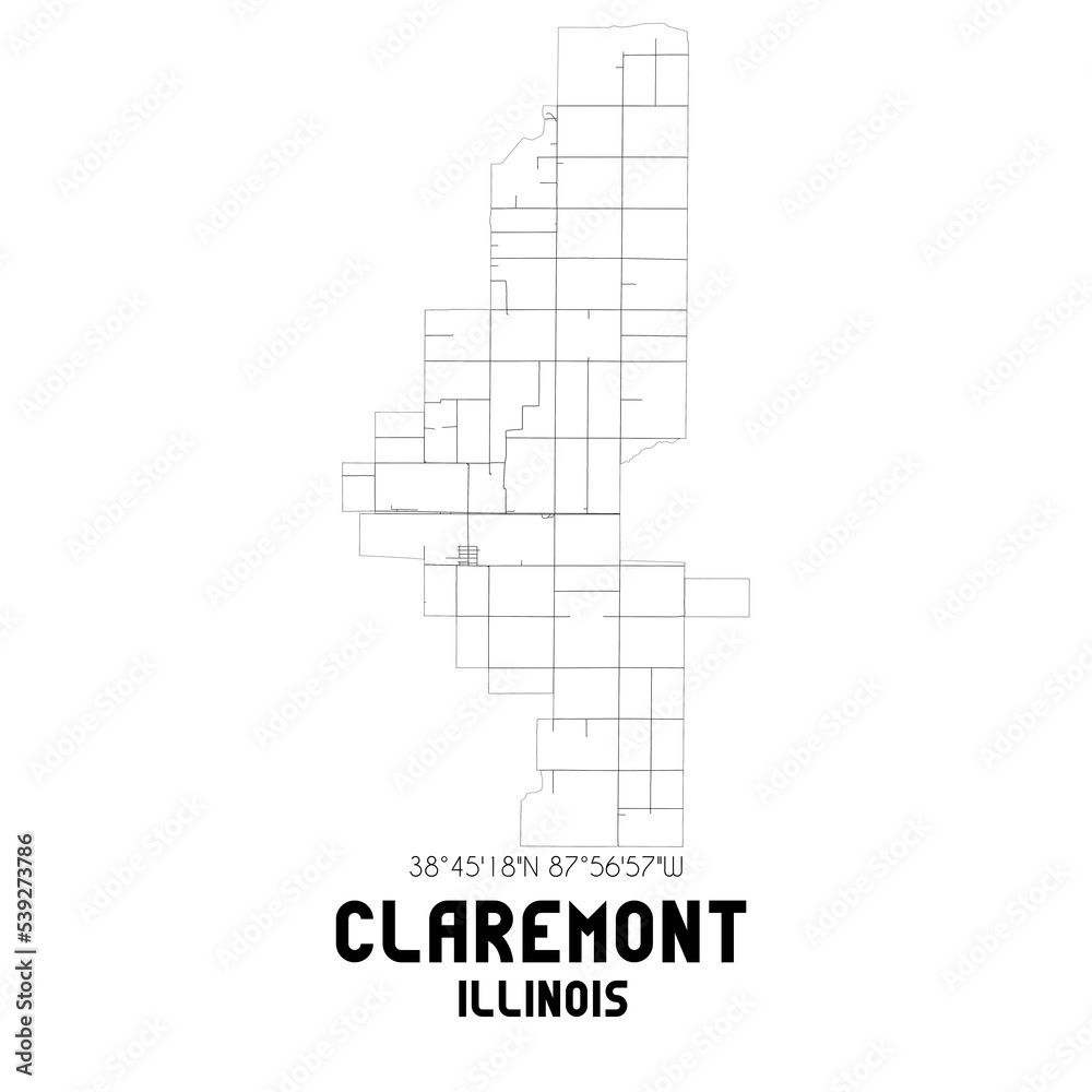 Claremont Illinois. US street map with black and white lines.