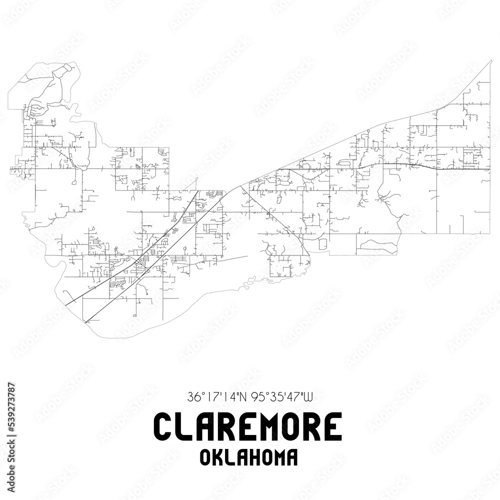 Claremore Oklahoma. US street map with black and white lines.