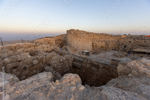 Mount Herodion and the ruins of the fortress of King Herod inside an artificial crater. The Judaean Desert, West Bank. High quality photo