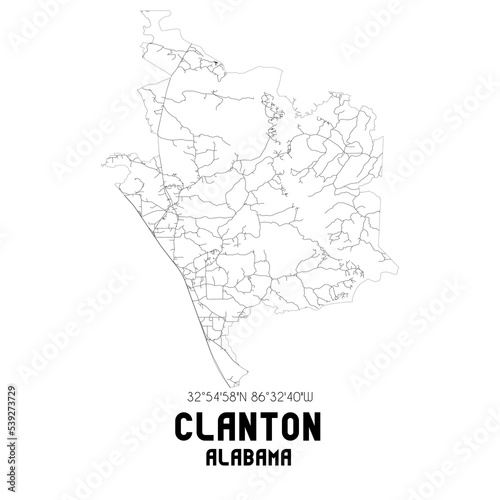Clanton Alabama. US street map with black and white lines.