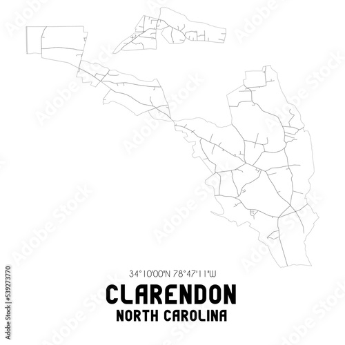 Clarendon North Carolina. US street map with black and white lines.