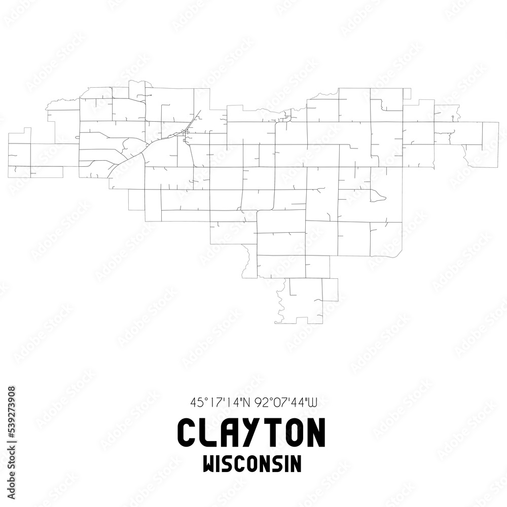 Clayton Wisconsin. US street map with black and white lines.