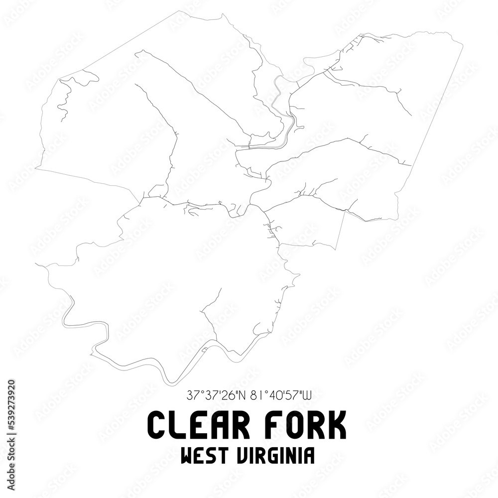Clear Fork West Virginia. US street map with black and white lines.