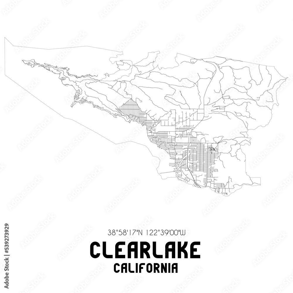 Clearlake California. US street map with black and white lines.