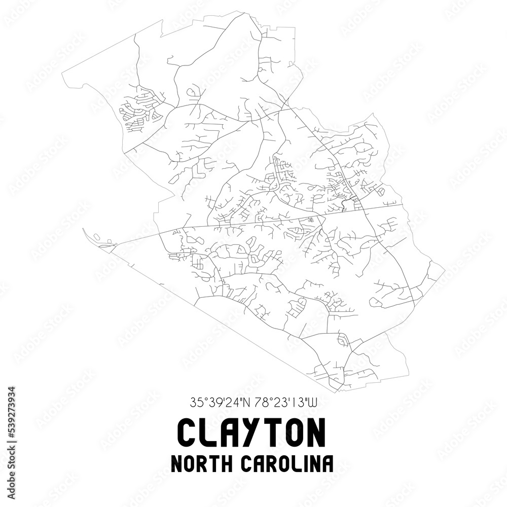 Clayton North Carolina. US street map with black and white lines.
