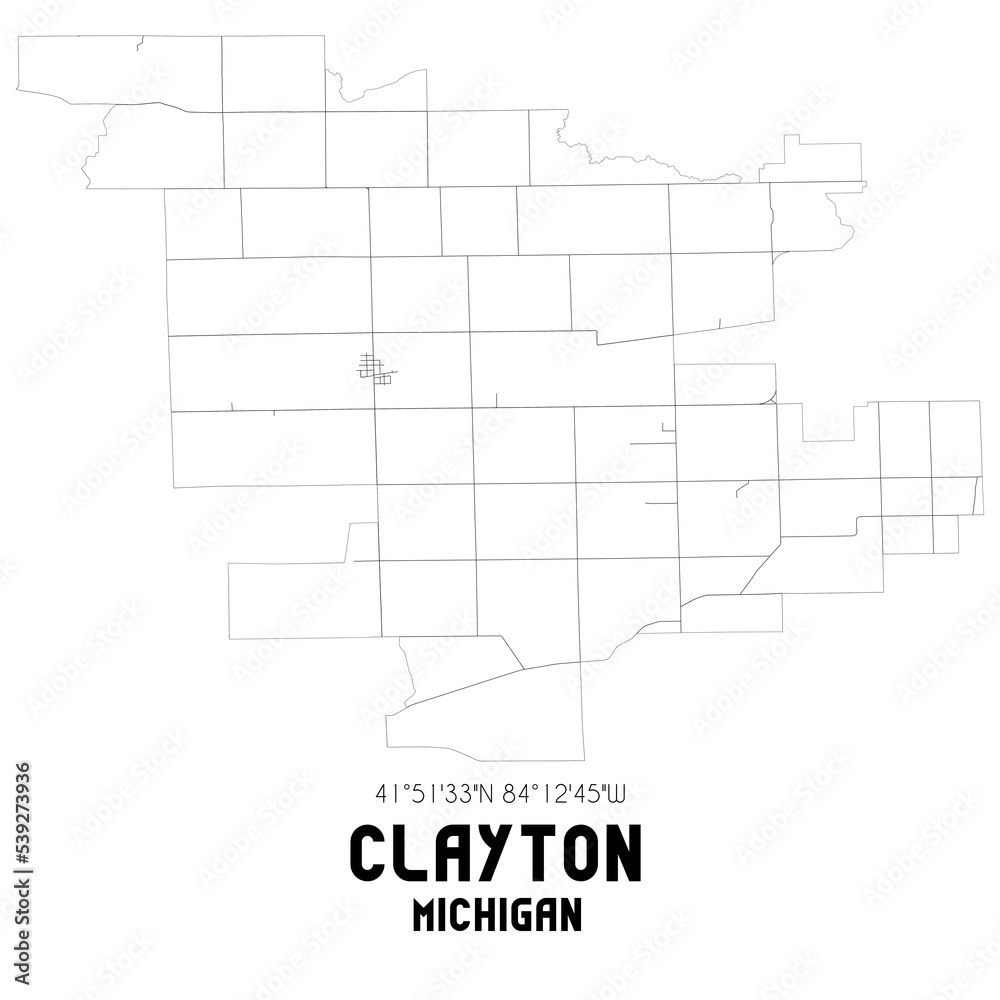 Clayton Michigan. US street map with black and white lines.