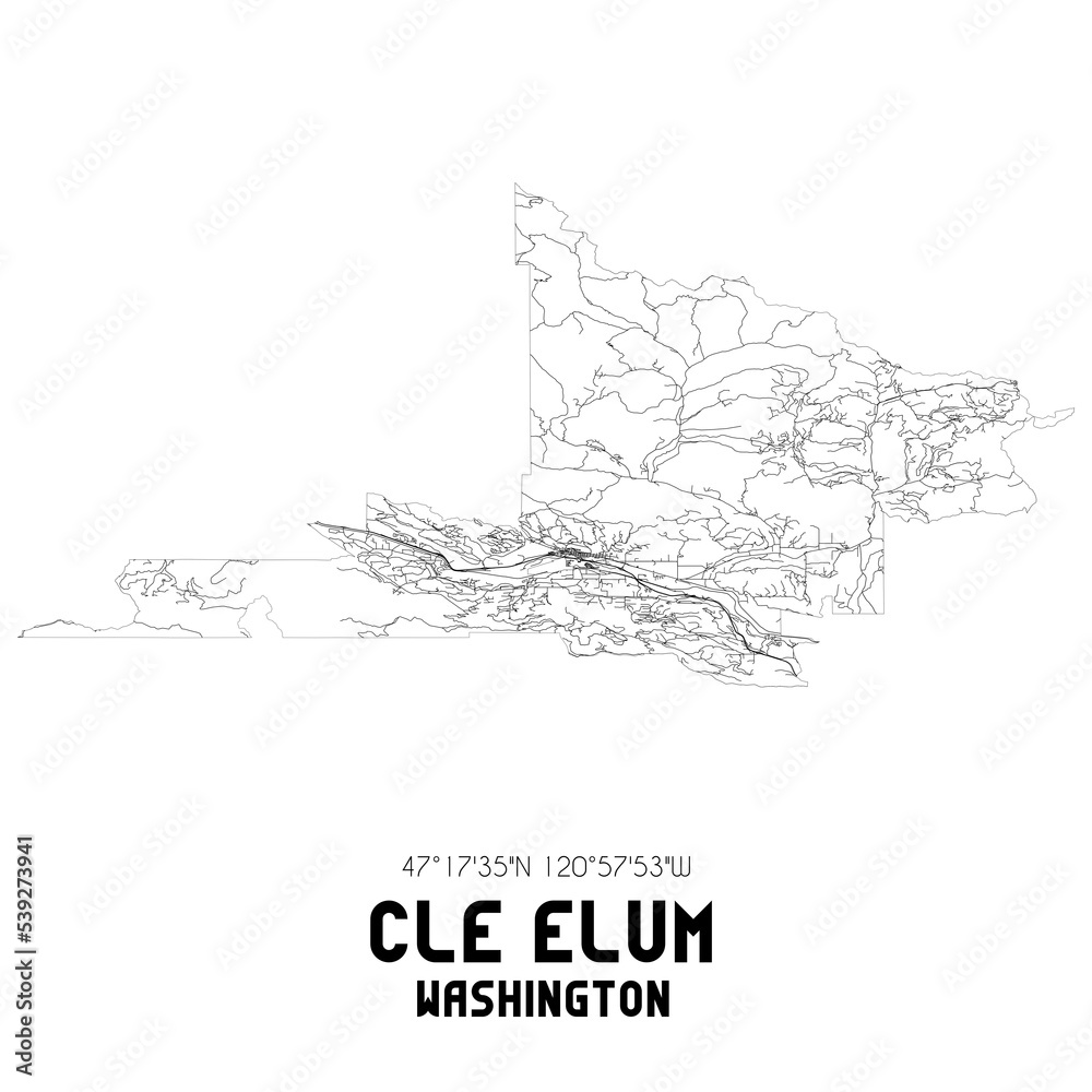 Cle Elum Washington. US street map with black and white lines.