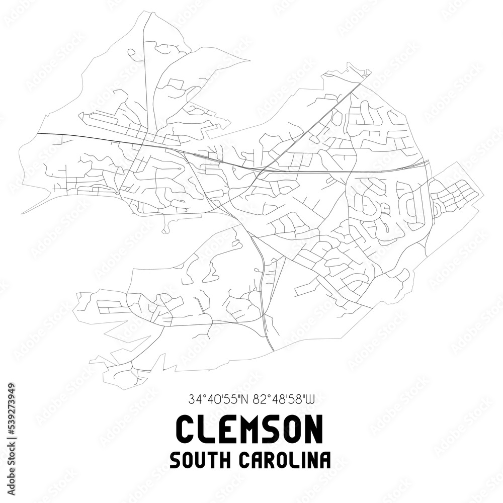 Clemson South Carolina. US street map with black and white lines.