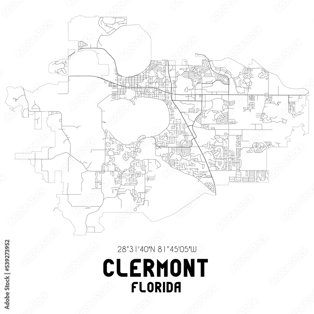 Clermont Florida. US street map with black and white lines.