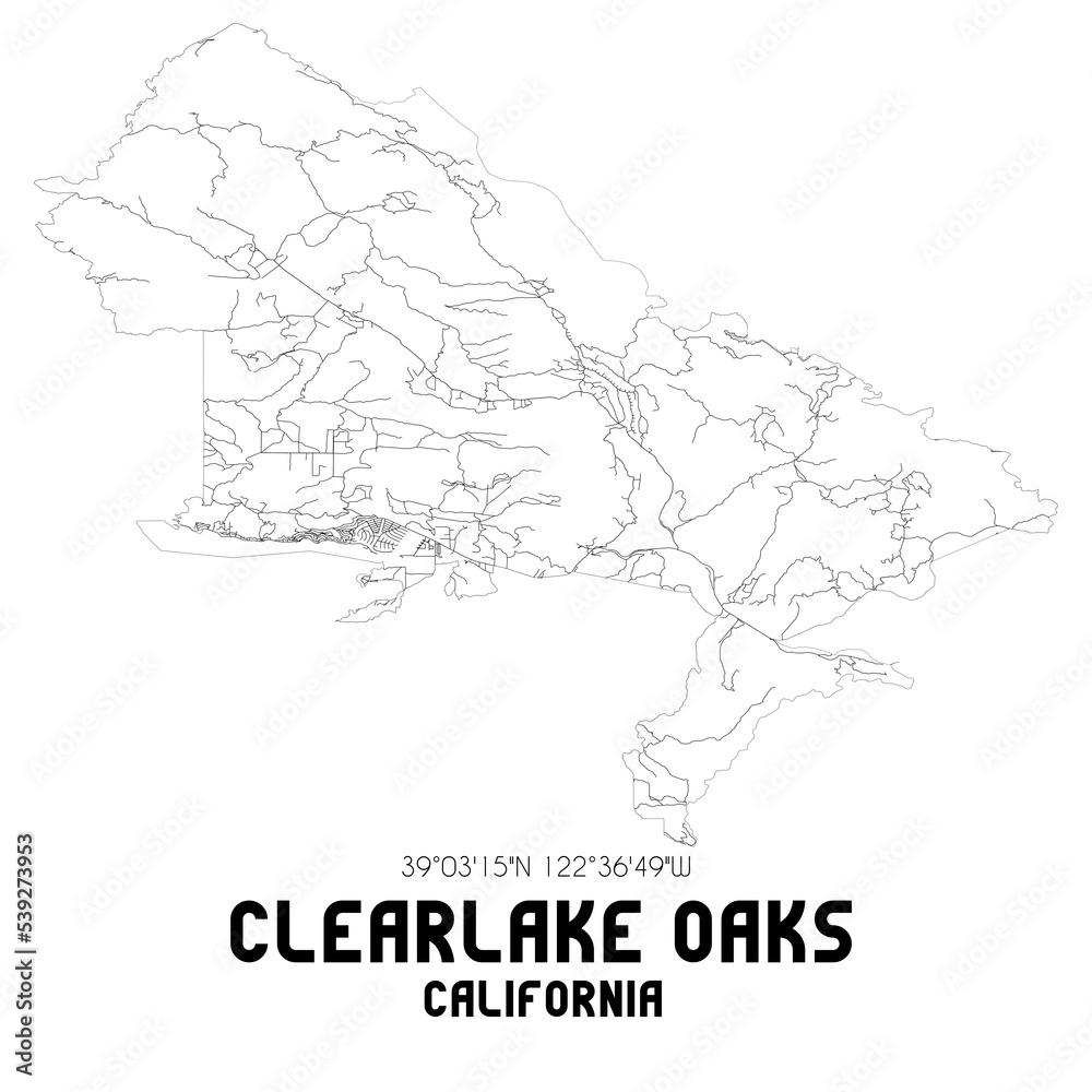 Clearlake Oaks California. US street map with black and white lines.