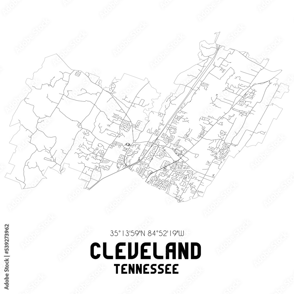 Cleveland Tennessee. US street map with black and white lines.