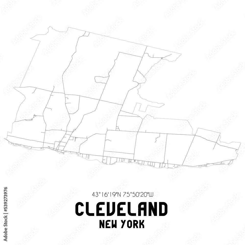 Cleveland New York. US street map with black and white lines.