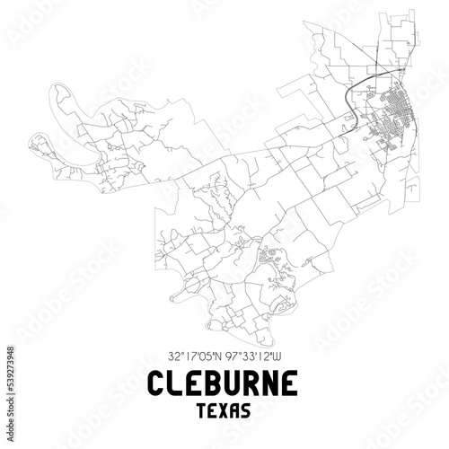 Cleburne Texas. US street map with black and white lines.