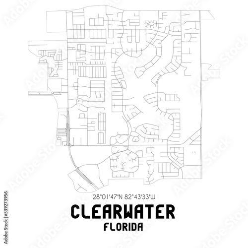 Clearwater Florida. US street map with black and white lines.