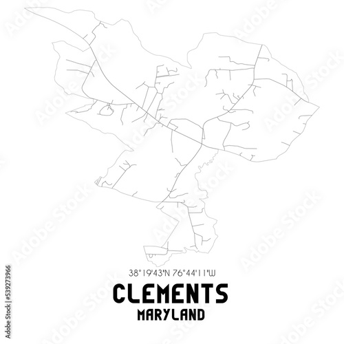 Clements Maryland. US street map with black and white lines.