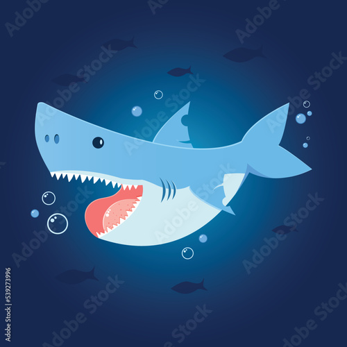 Shark vector, in the ocean with fishes. Cartoon style vector illustration for kids of shark in blue water.