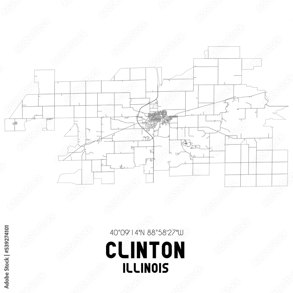 Clinton Illinois. US street map with black and white lines.