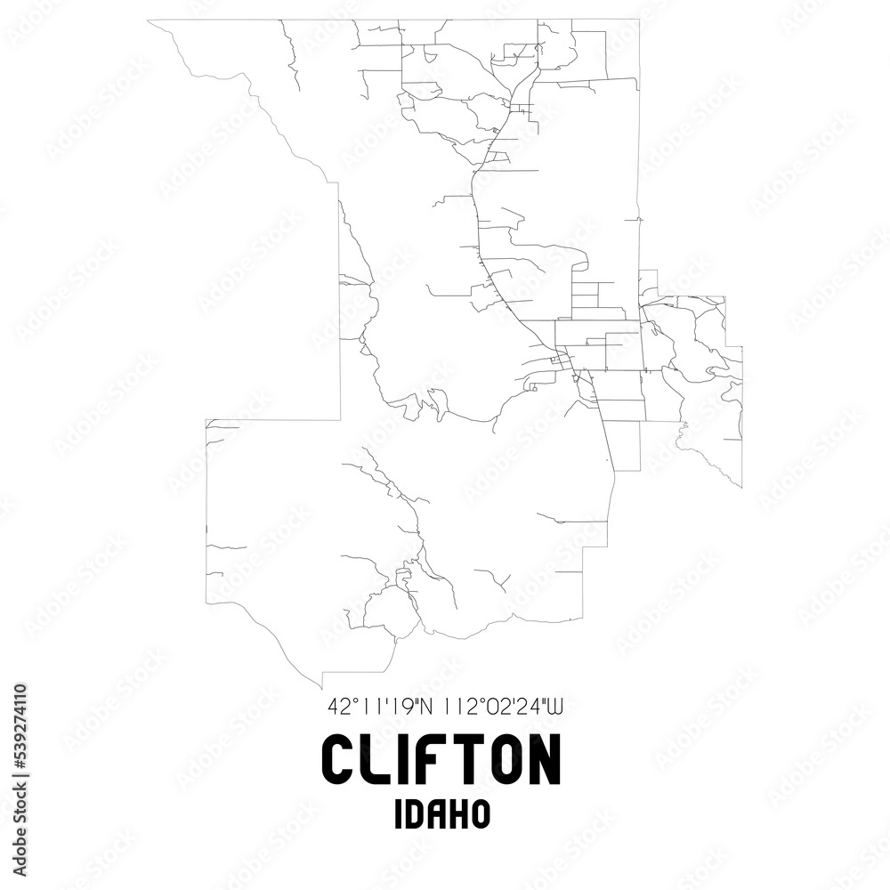 Clifton Idaho. US street map with black and white lines.