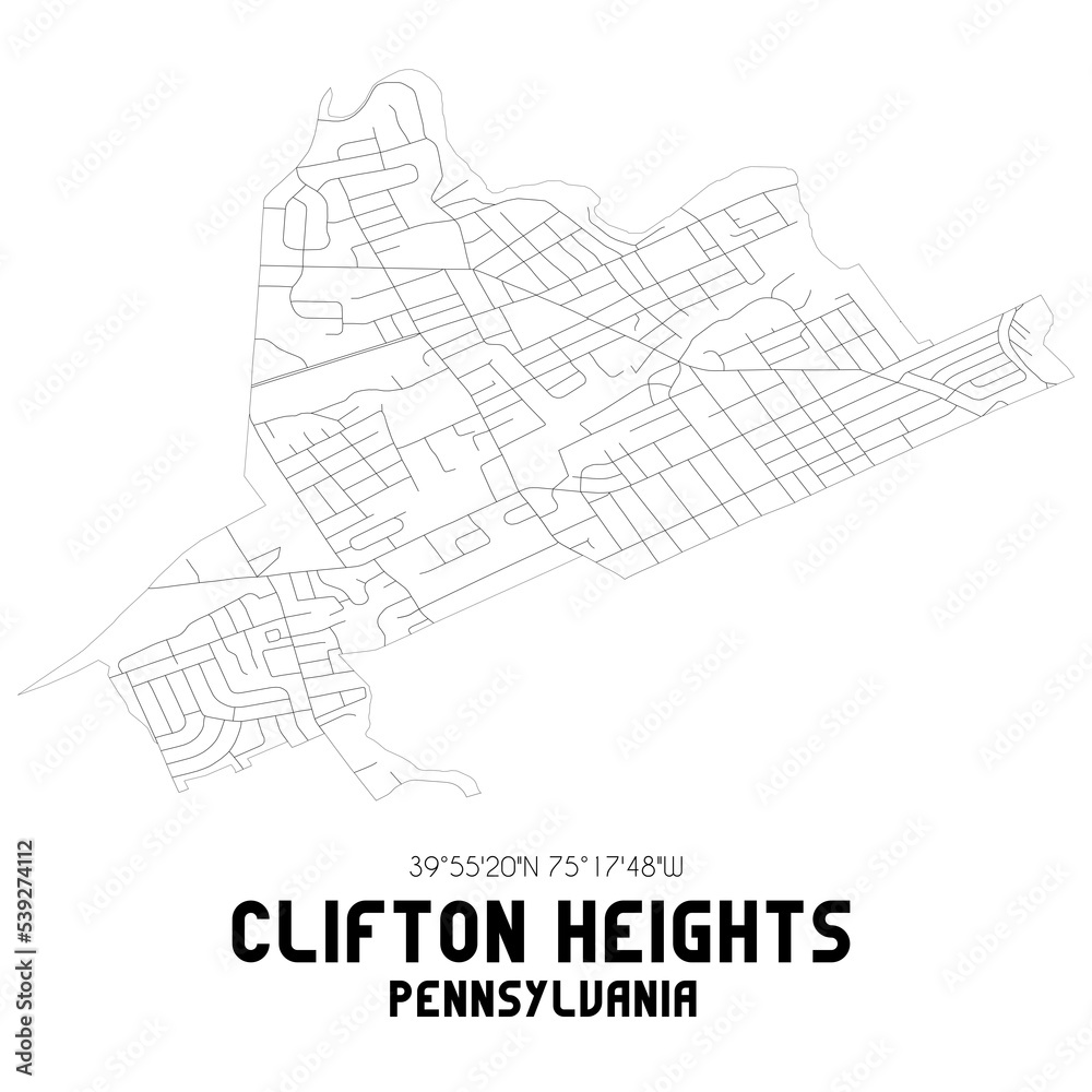Clifton Heights Pennsylvania. US street map with black and white lines.