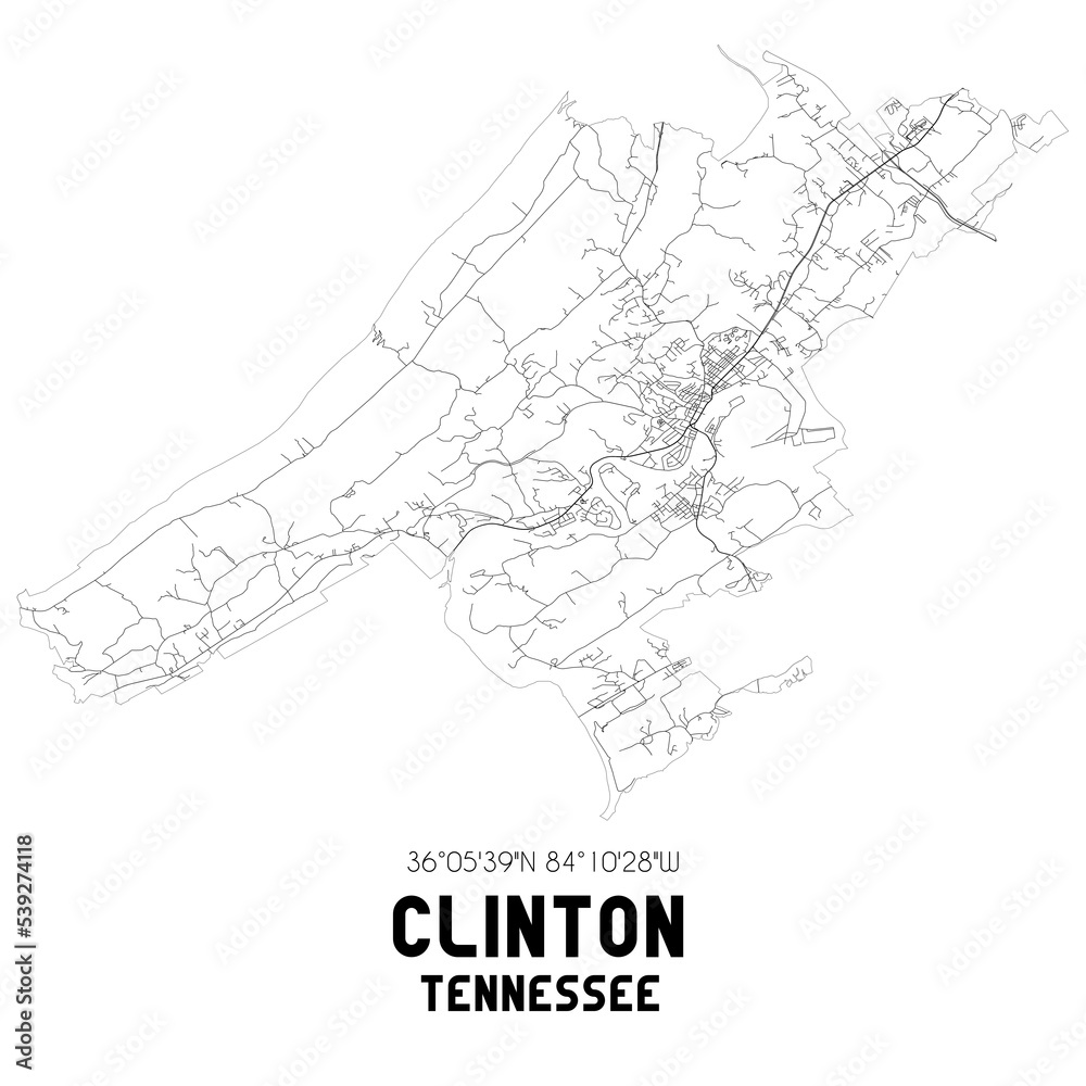 Clinton Tennessee. US street map with black and white lines.