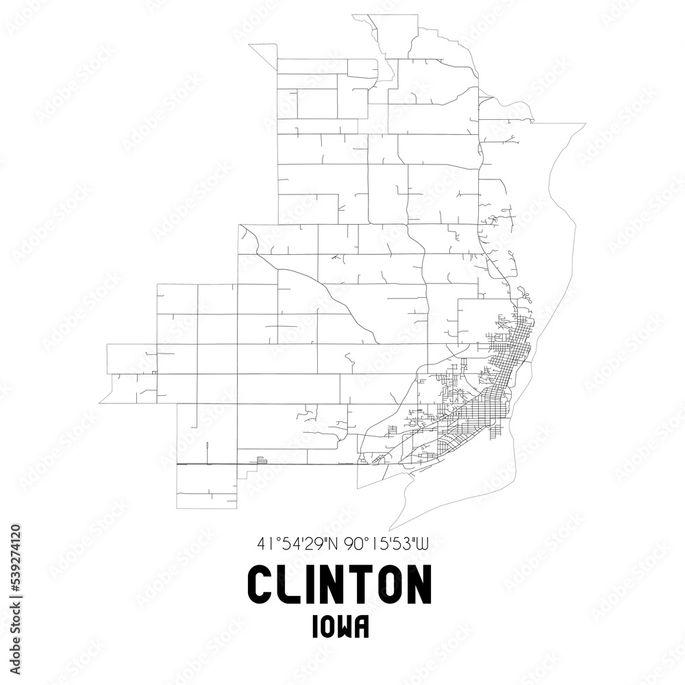 Clinton Iowa. US street map with black and white lines.
