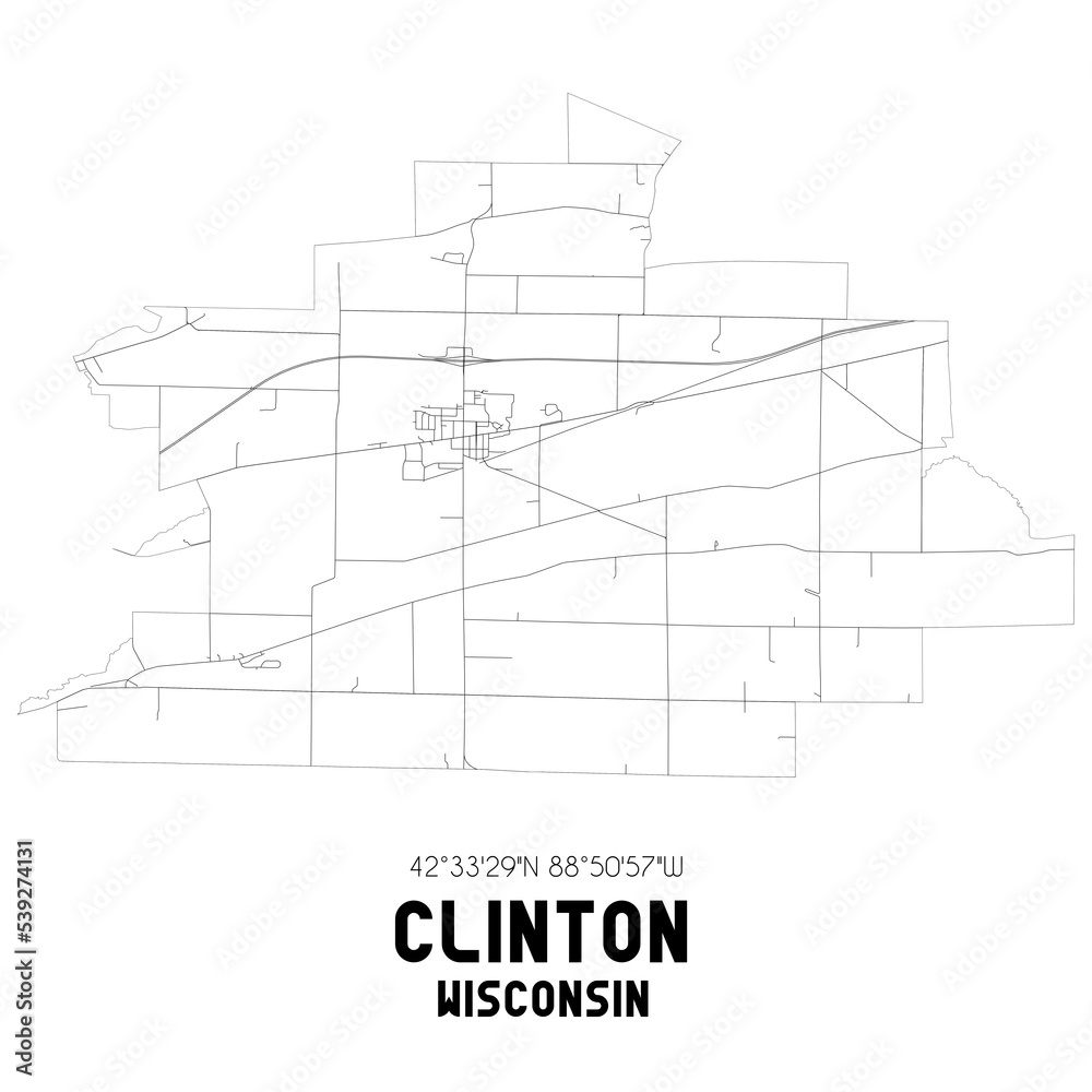 Clinton Wisconsin. US street map with black and white lines.