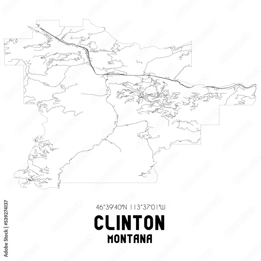 Clinton Montana. US street map with black and white lines.