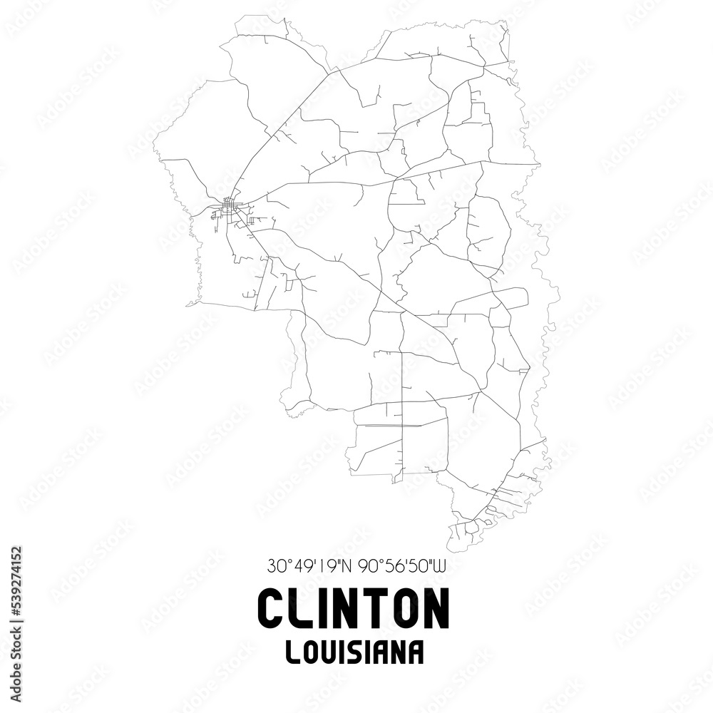 Clinton Louisiana. US street map with black and white lines.