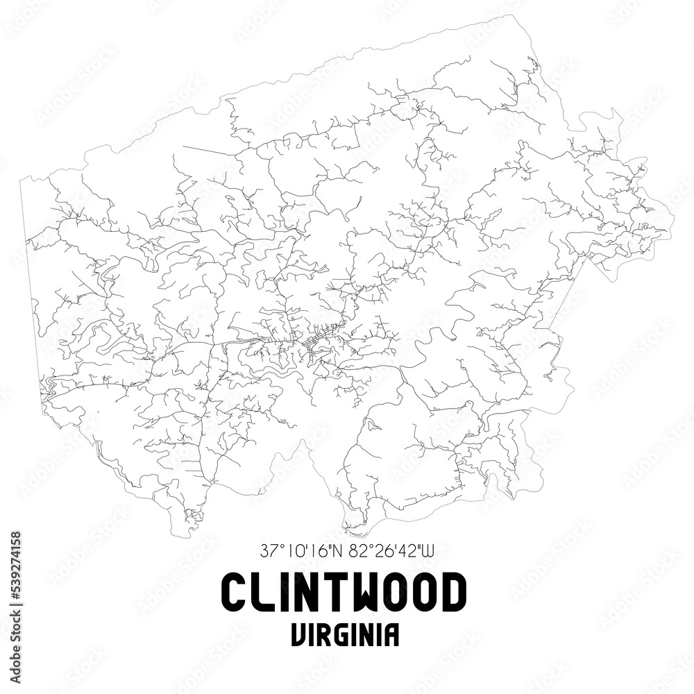 Clintwood Virginia. US street map with black and white lines.