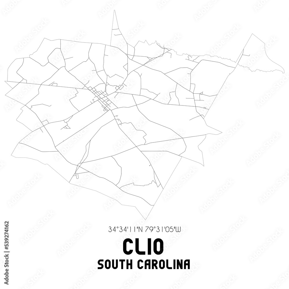 Clio South Carolina. US street map with black and white lines.