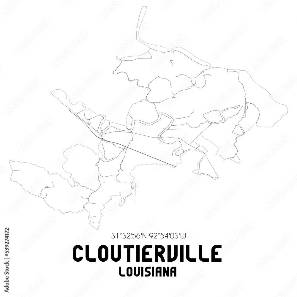 Cloutierville Louisiana. US street map with black and white lines.