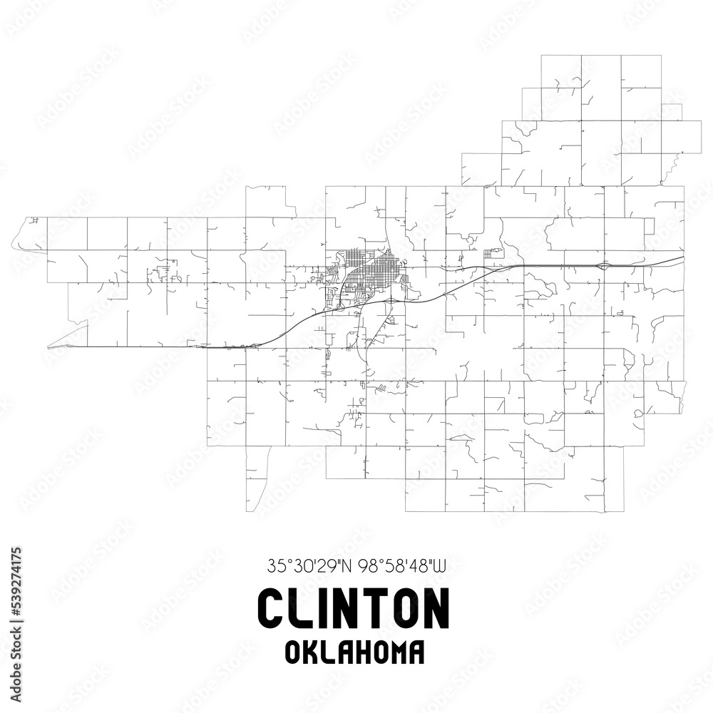 Clinton Oklahoma. US street map with black and white lines.