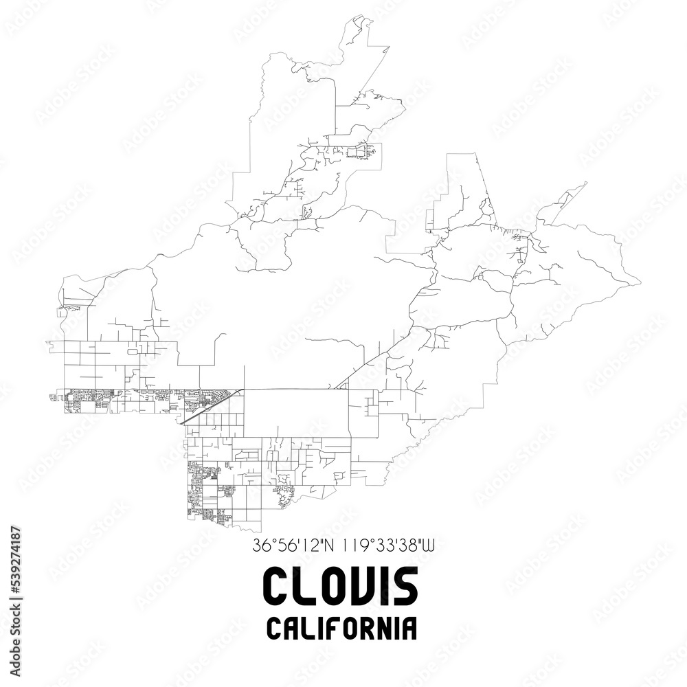 Clovis California. US street map with black and white lines.